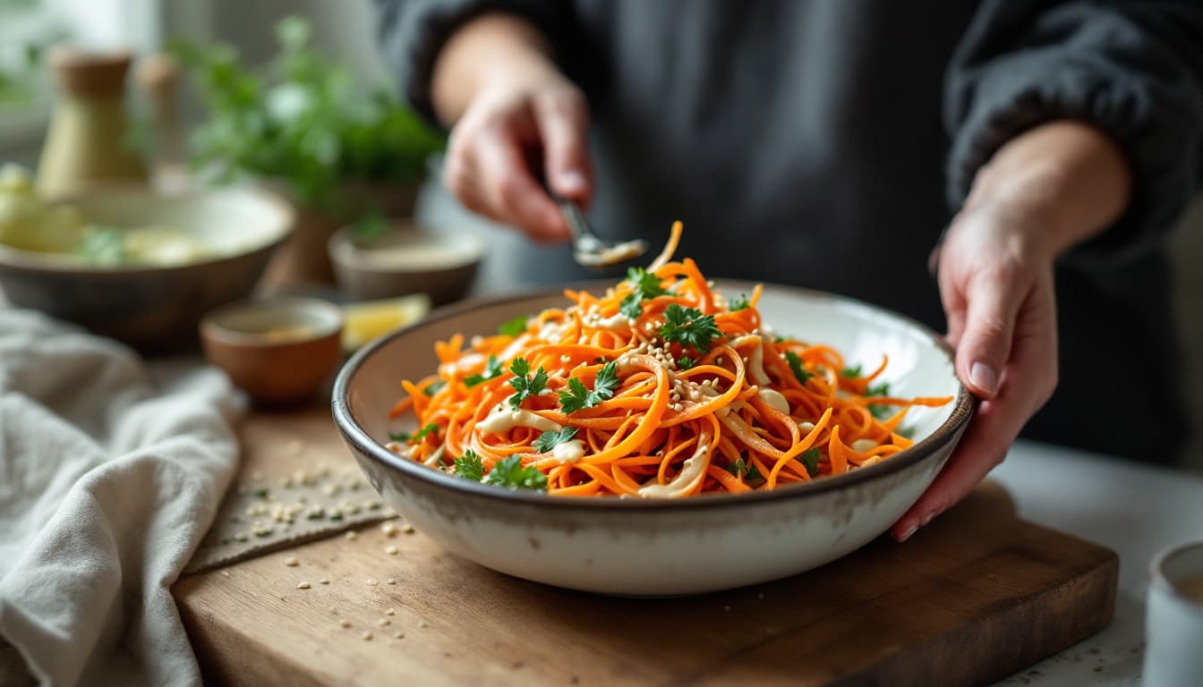 Foto: Morotsbandssallad med tahini och sesamfrön