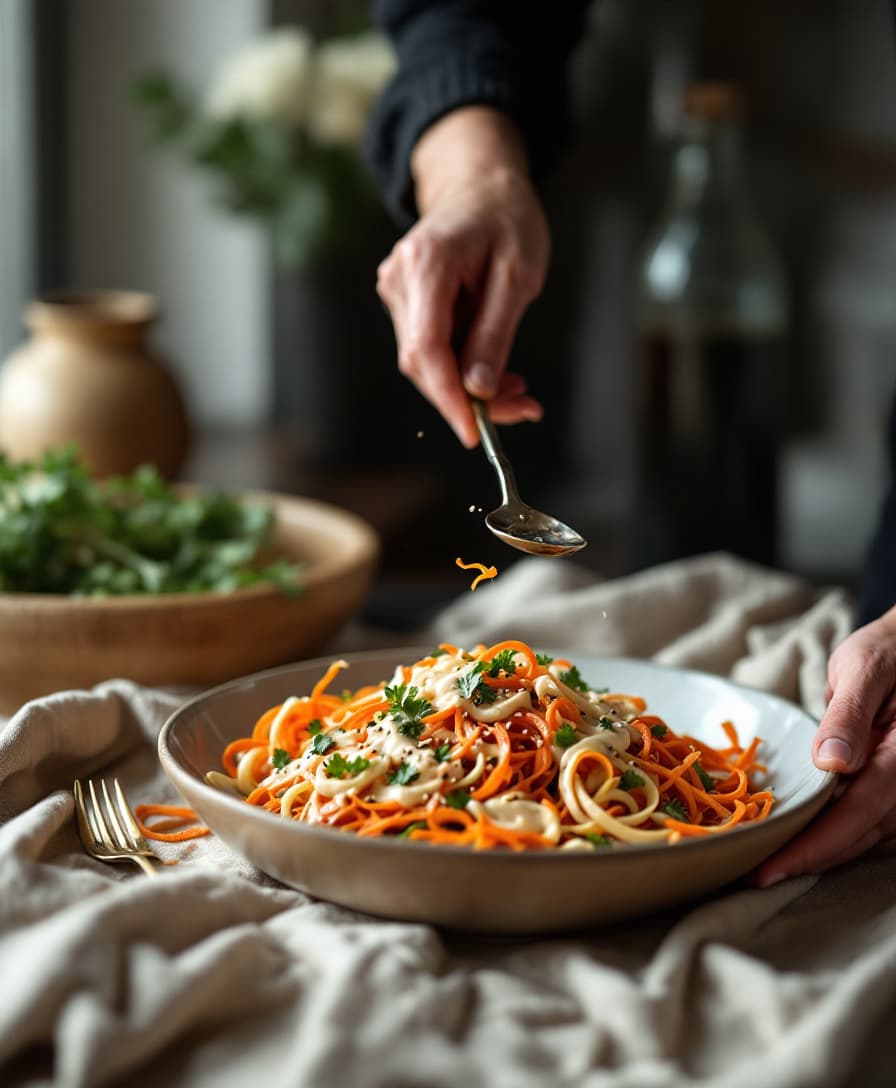Foto: Morotsbandssallad med tahini och sesamfrön