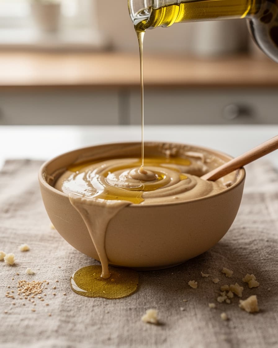 Steg 2: Rör ihop tahini, pressad citron, honung, pressad vitlök, olivolja och 1 msk vatten till en slät dressing.