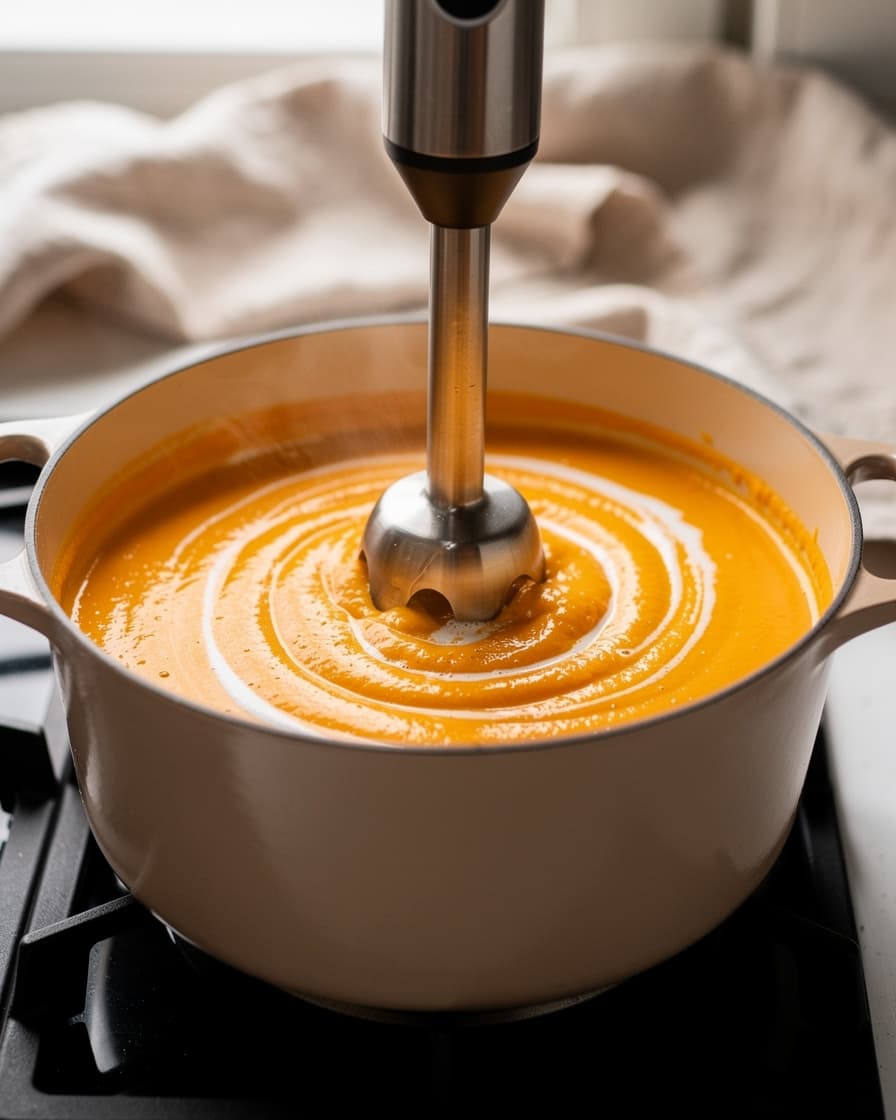 Steg 4: Mixa soppan helt slät med en stavmixer. Rör ner kokosmjölken och låt soppan bli varm igen utan att koka.