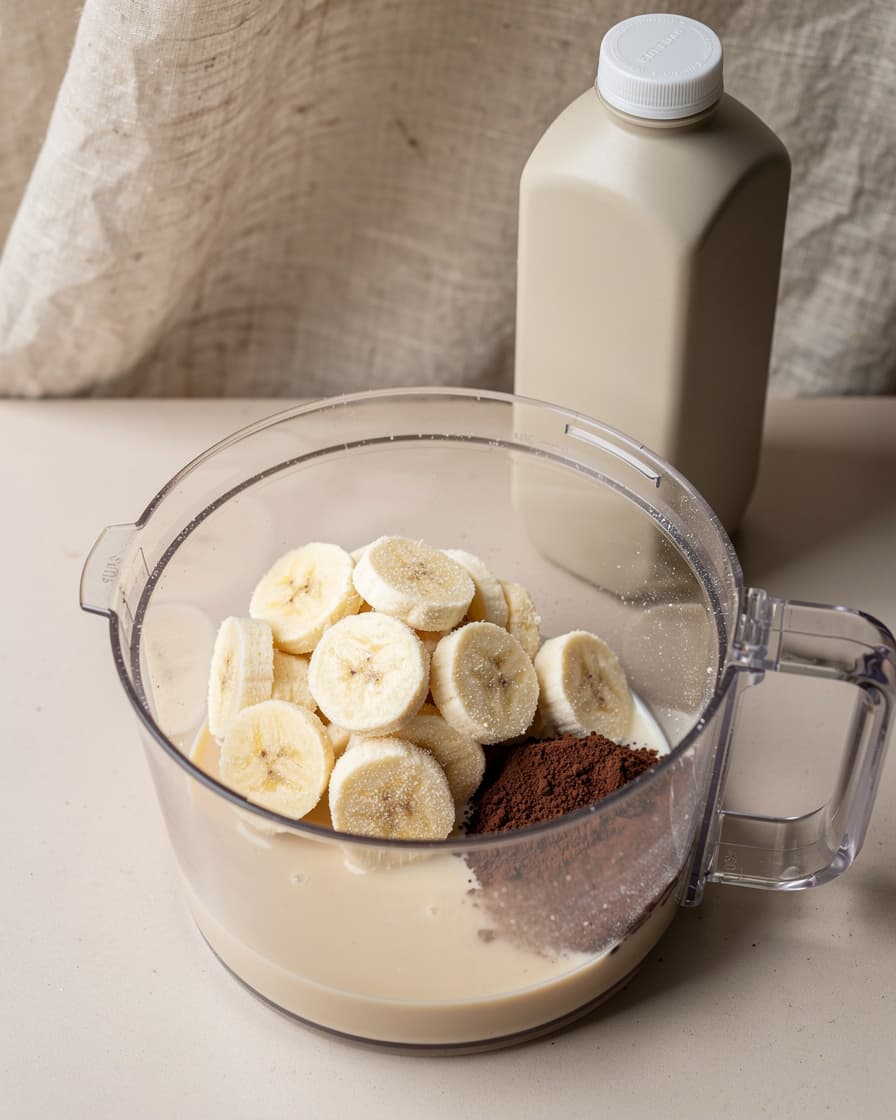 Steg 2: Lägg frusen banan, kakao och havredryck i en matberedare.