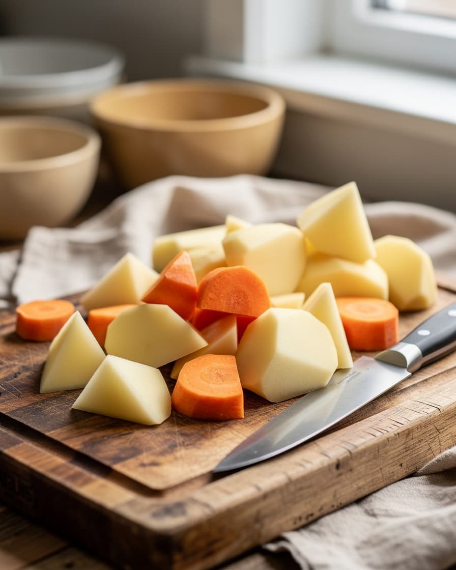 Steg 1: Sätt ugnen på 225°C. Skär potatis och morötter i klyftor.