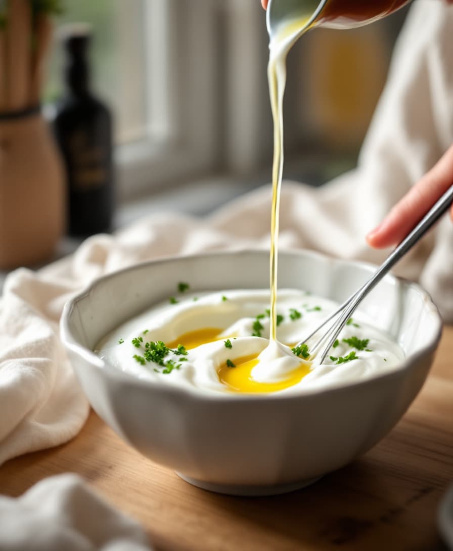 Steg 2: Rör ihop yoghurt, persilja, pressad citronsaft, riven vitlök, olivolja och salt i en skål till en jämn, grönflammig dressing.