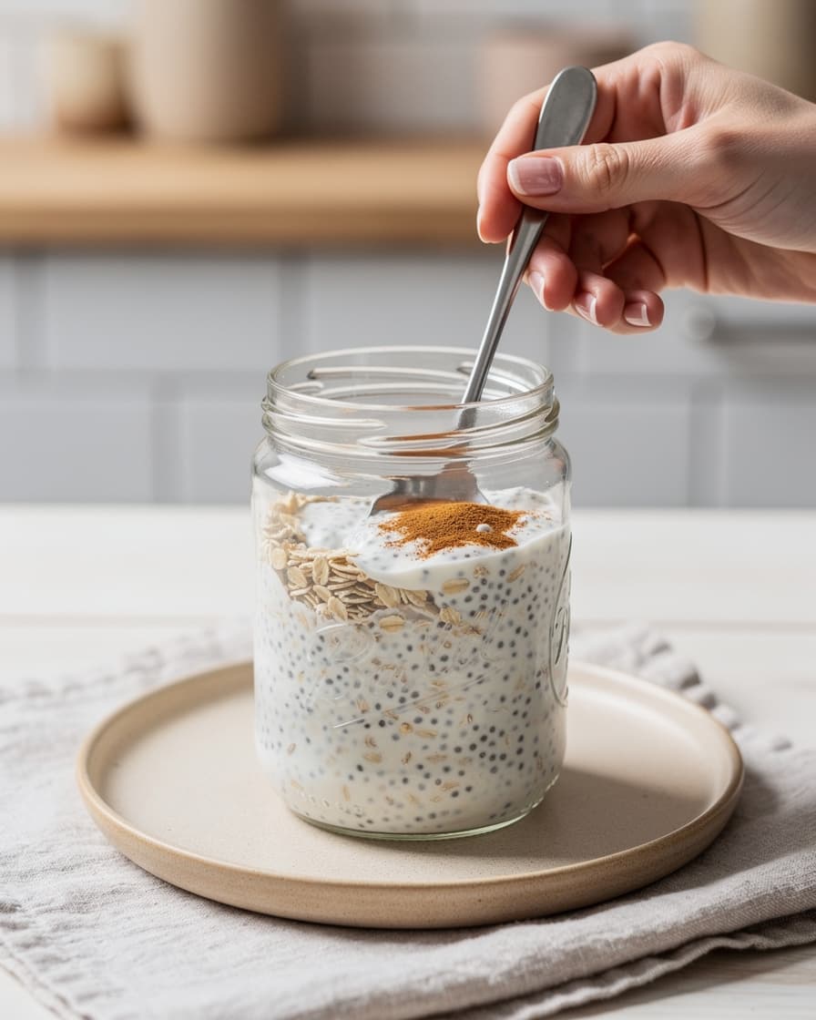 Steg 1: Rör ihop havregryn, havreyoghurt, chiafrön och kanel i en burk eller skål med lock.