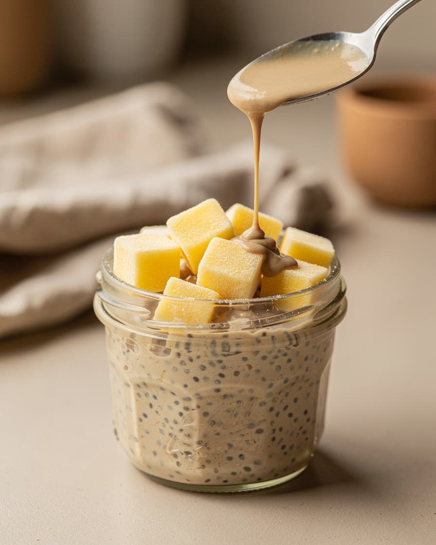 Steg 3: Toppa med fryst mango och ringla tahinin över.