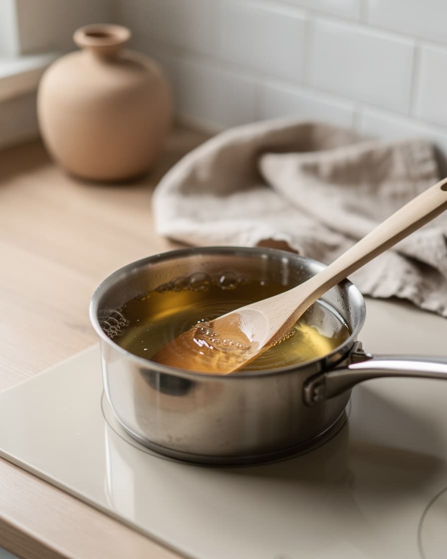 Steg 2: Koka upp vatten, äppelcidervinäger, honung och salt i en liten kastrull och rör tills honungen löst sig.