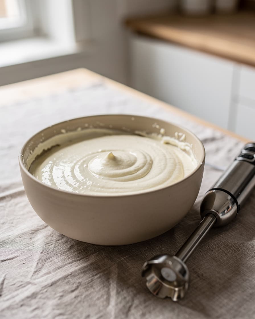 Steg 1: Sätt ugnen på 220 grader. Mixa cottage cheese, ägg och maizena till en helt slät smet med stavmixer.