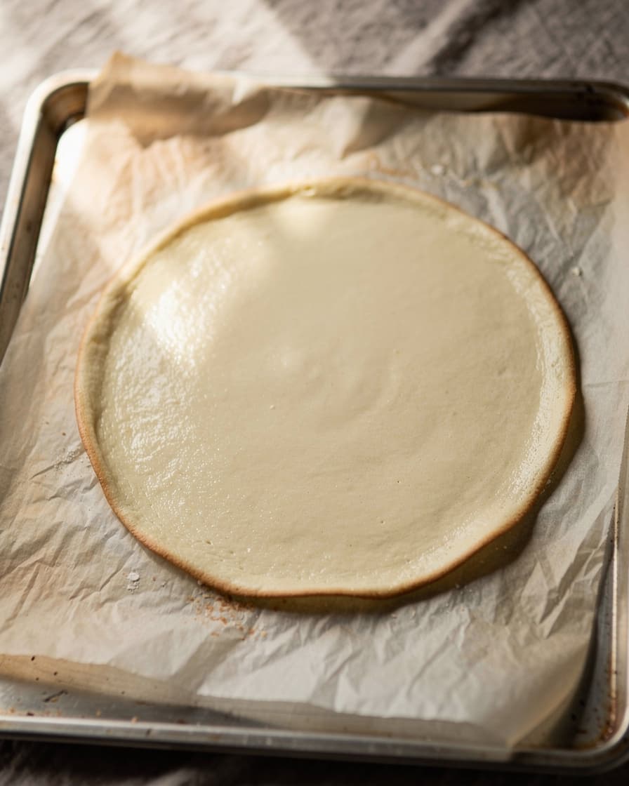 Steg 2: Bred ut smeten till en rund botten, ungefär en halv centimeter tjock, på en plåt med bakplåtspapper. Grädda i mitten av ugnen 20–25 minuter tills botten är gyllene och fast.