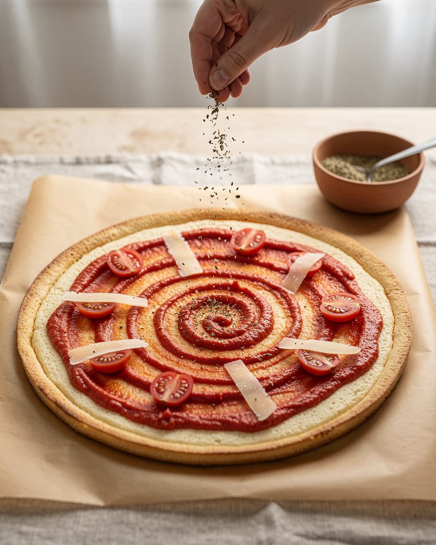 Steg 3: Bred tomatpurén över botten och toppa med halverade körsbärstomater, hyvlad parmesan och oregano. Grädda ytterligare 8–10 minuter tills osten smält och tomaterna mjuknat.