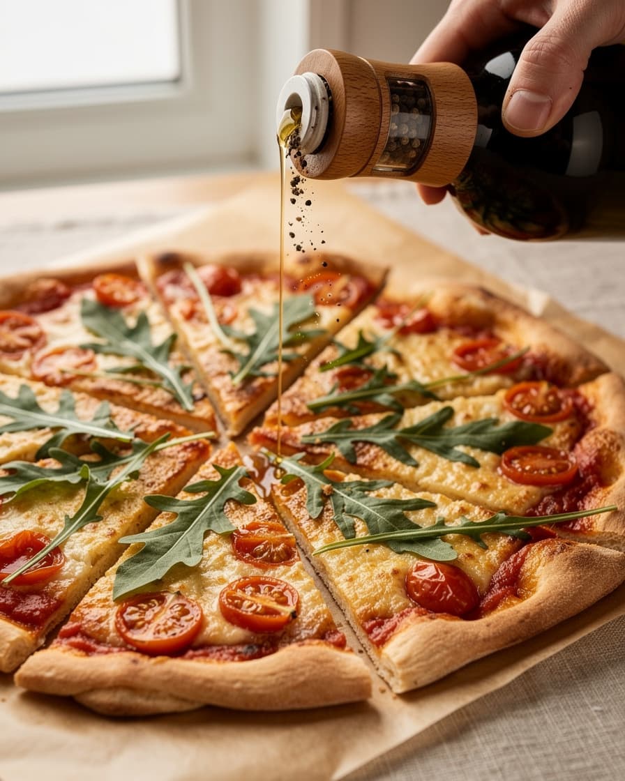 Steg 4: Toppa den färdiga pizzan med ruccola, ringla över olivoljan och mal över svartpeppar. Skär i bitar och servera direkt.