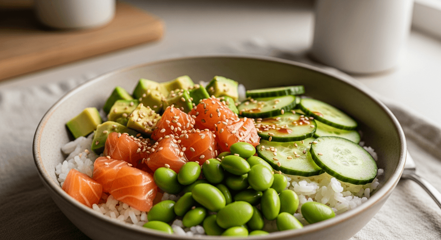 Foto: Pokébowl med lax och edamame