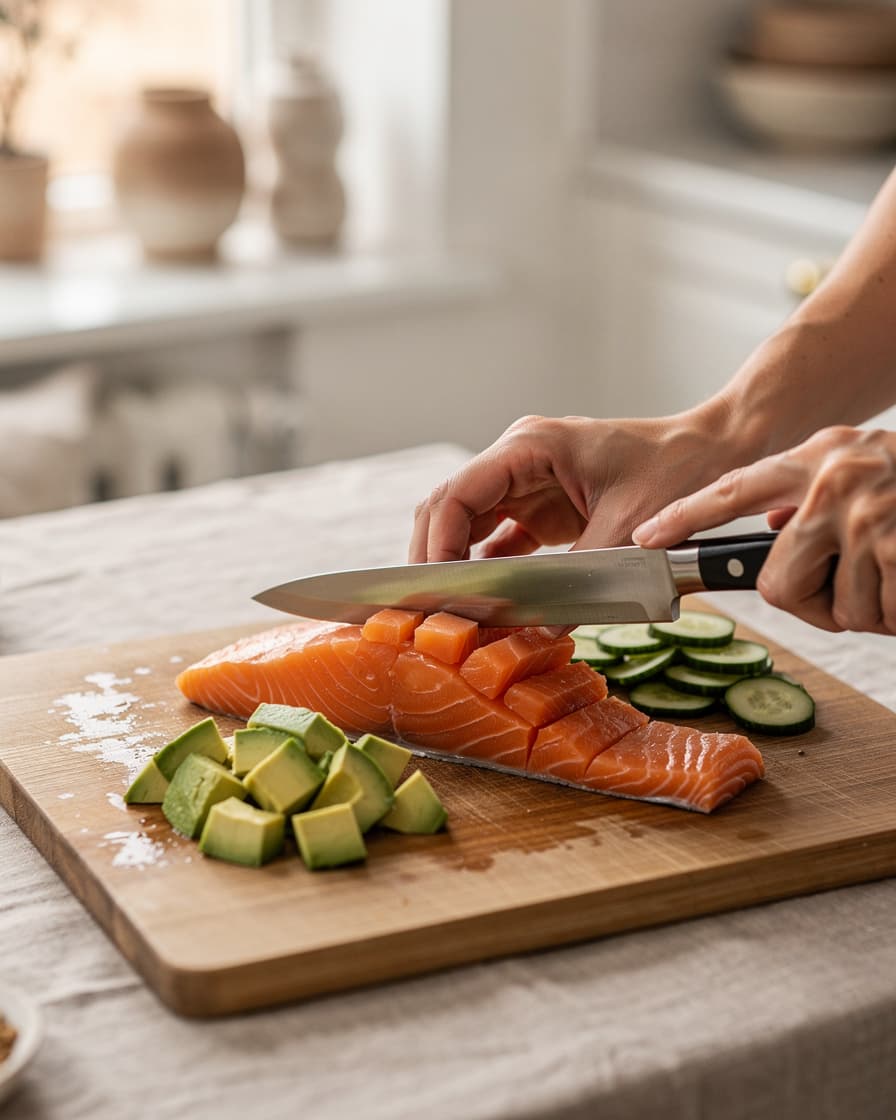 Steg 2: Skär den råa laxen i tärningar – laxen äts rå, så använd laxfilé av sushikvalitet eller lax som har varit fryst. Tärna avokado och skiva gurkan tunt.