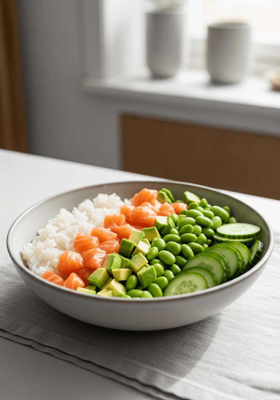 Steg 3: Fördela ris i skålar och toppa med lax, avokado, edamamebönor och gurka.