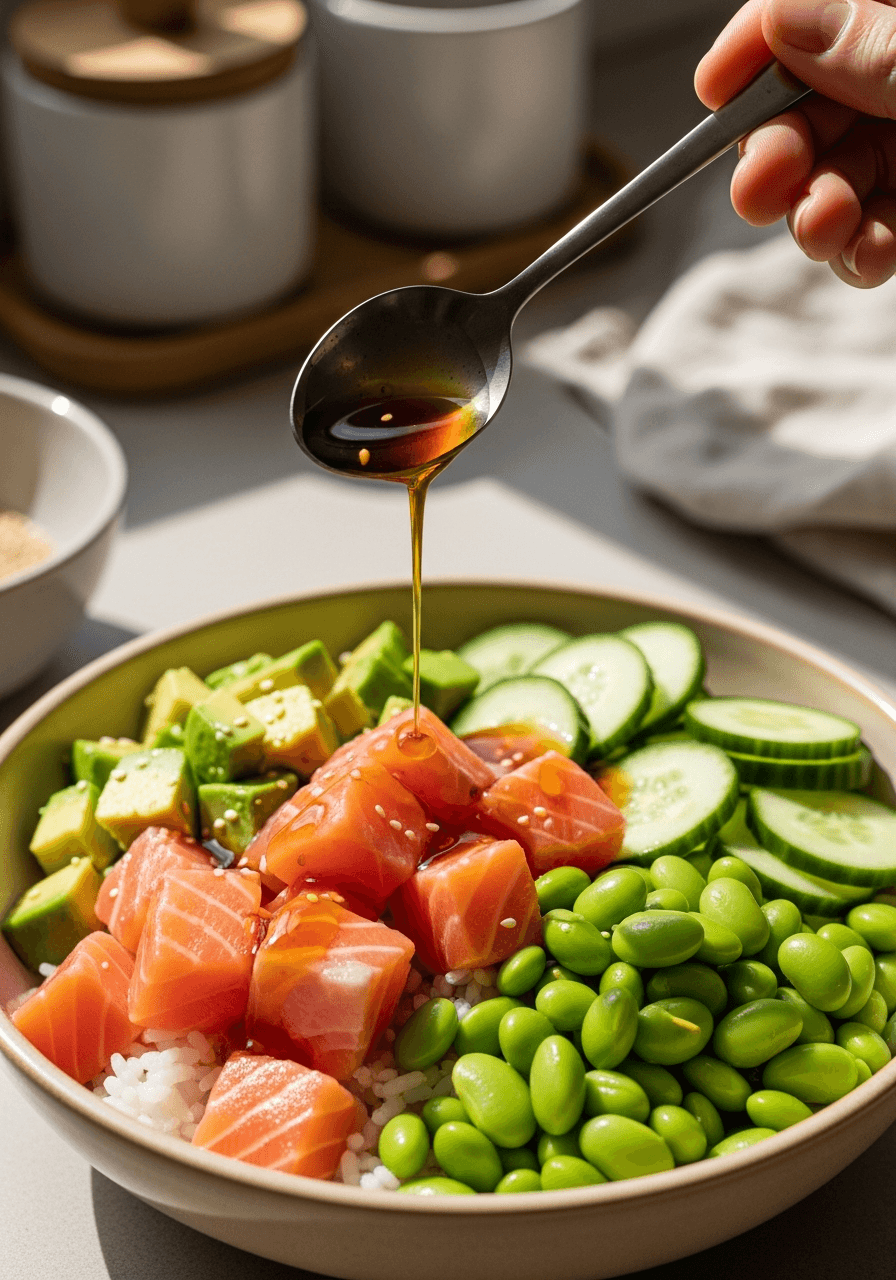 Steg 4: Rör ihop sojasås, sesamolja och risvinäger. Ringla dressingen över så laxen glänser.