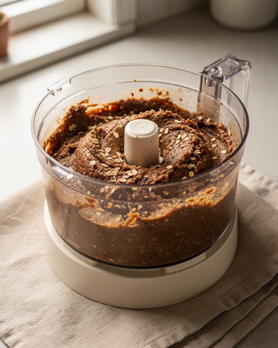 Steg 2: Tillsätt jordnötssmör, proteinpulver, havregryn och havredryck och mixa till en fast deg.