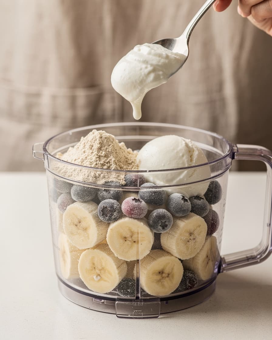 Steg 2: Lägg de frusna bananskivorna och blåbären i en matberedare tillsammans med kvargen och proteinpulvret.