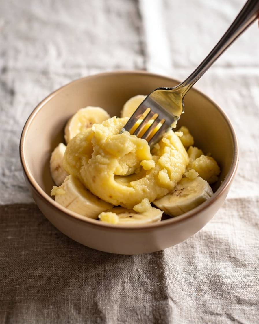 Steg 1: Mosa bananerna slätt i en bunke med en gaffel.