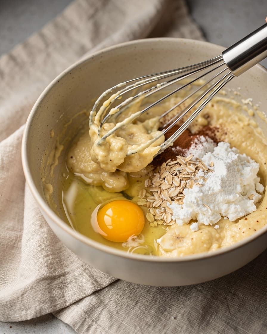 Steg 2: Vispa ner ägg, cottage cheese, havregryn, bakpulver och kanel till en jämn smet.