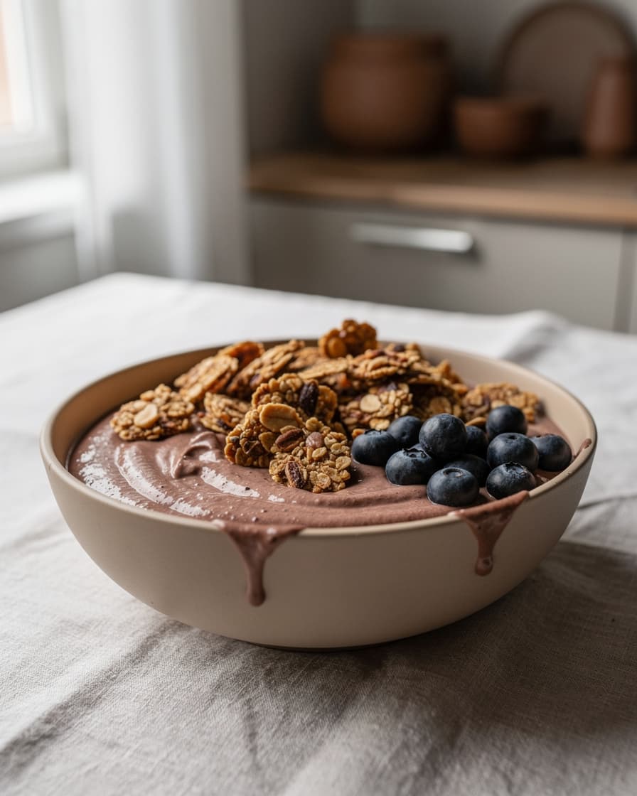 Foto: Proteinsmoothiebowl med jordnötssmör och kakao