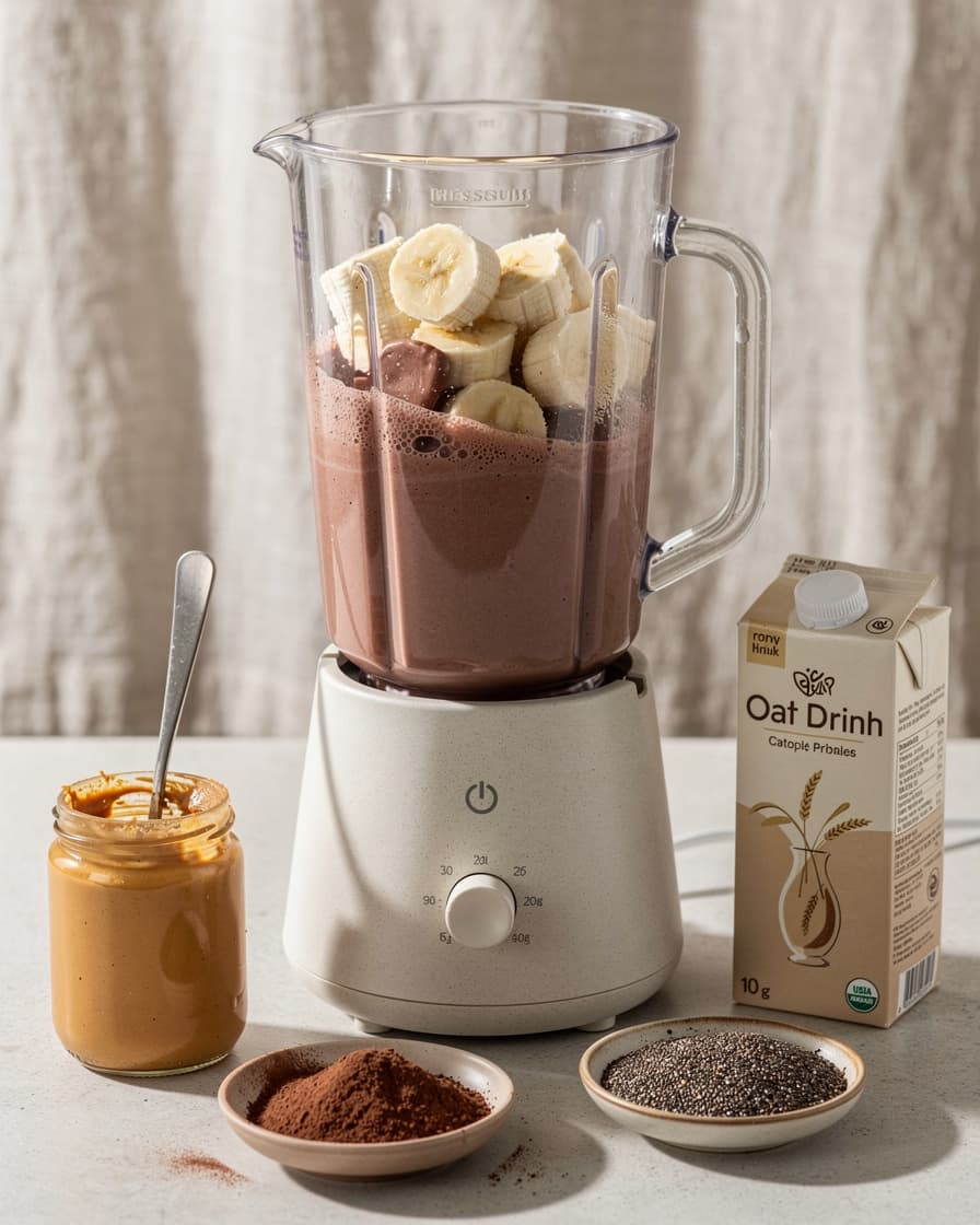 Steg 2: Mixa de frysta bananerna med havredryck, jordnötssmör, kakao och chiafrön till en tjock, jämn smet.