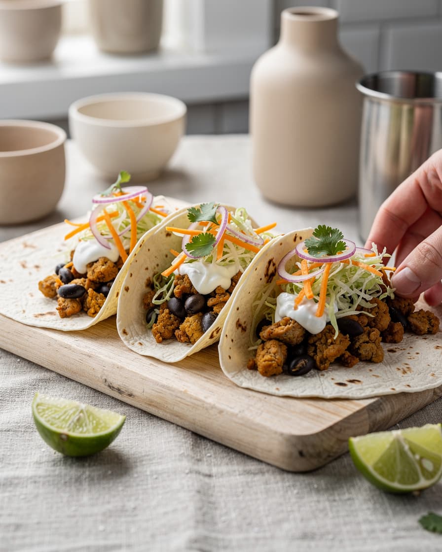 Foto: Proteintacos med kycklingfärs och vitkålsslaw
