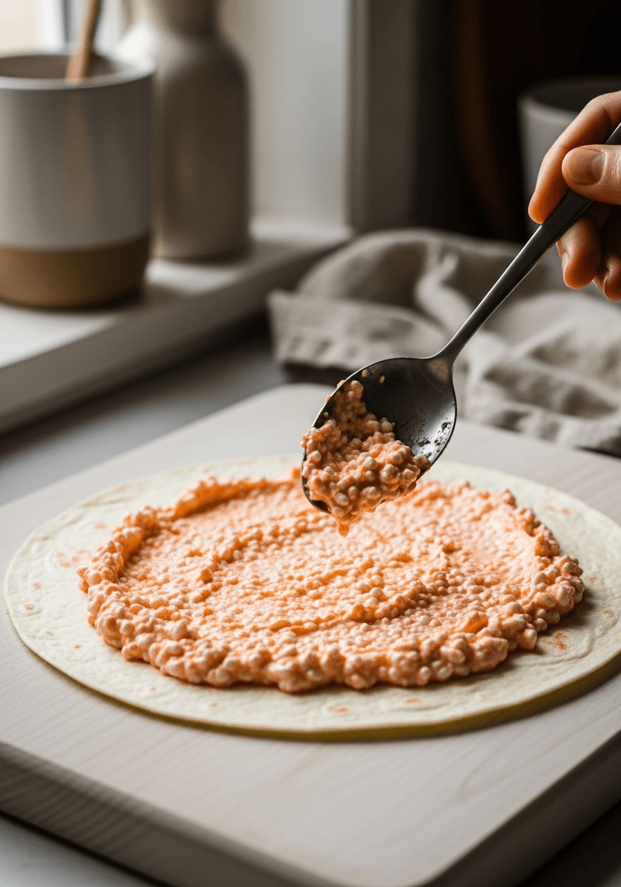 Steg 2: Rör ihop keso och sriracha och bred ut det i ett krämigt lager på tortillabrödet.