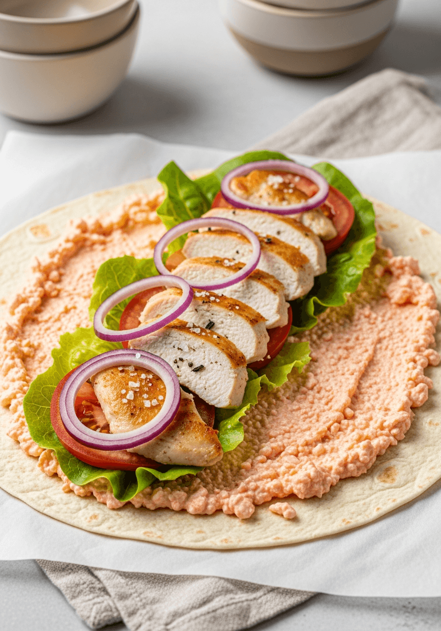 Steg 3: Lägg på sallad, skivad tomat, tunt skivad rödlök och kycklingen.