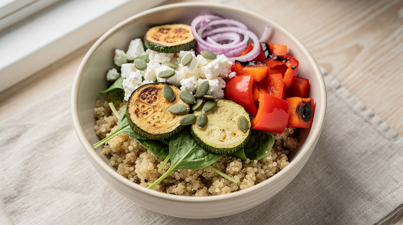 Foto: Quinoabowl med rostade grönsaker och feta