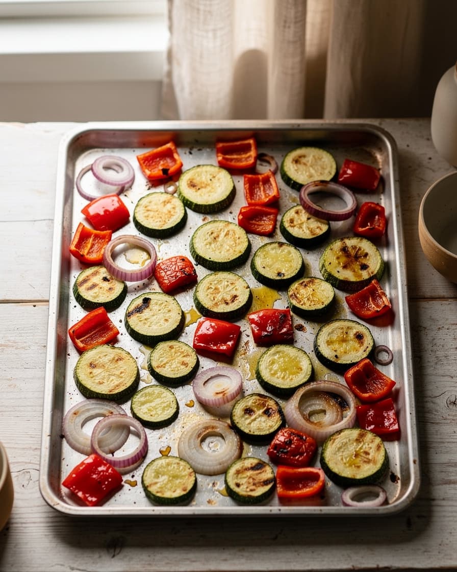 Steg 2: Skär zucchini, paprika och rödlök i bitar. Blanda med olivolja, salt och peppar på en plåt och rosta 18–20 minuter tills gyllene.