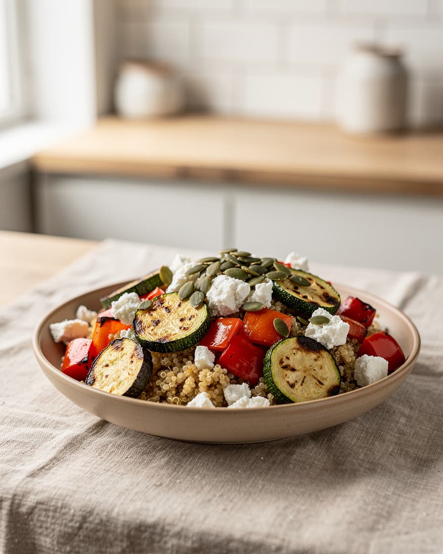 Steg 4: Toppa med de rostade grönsakerna, smulad feta och pumpafrön.