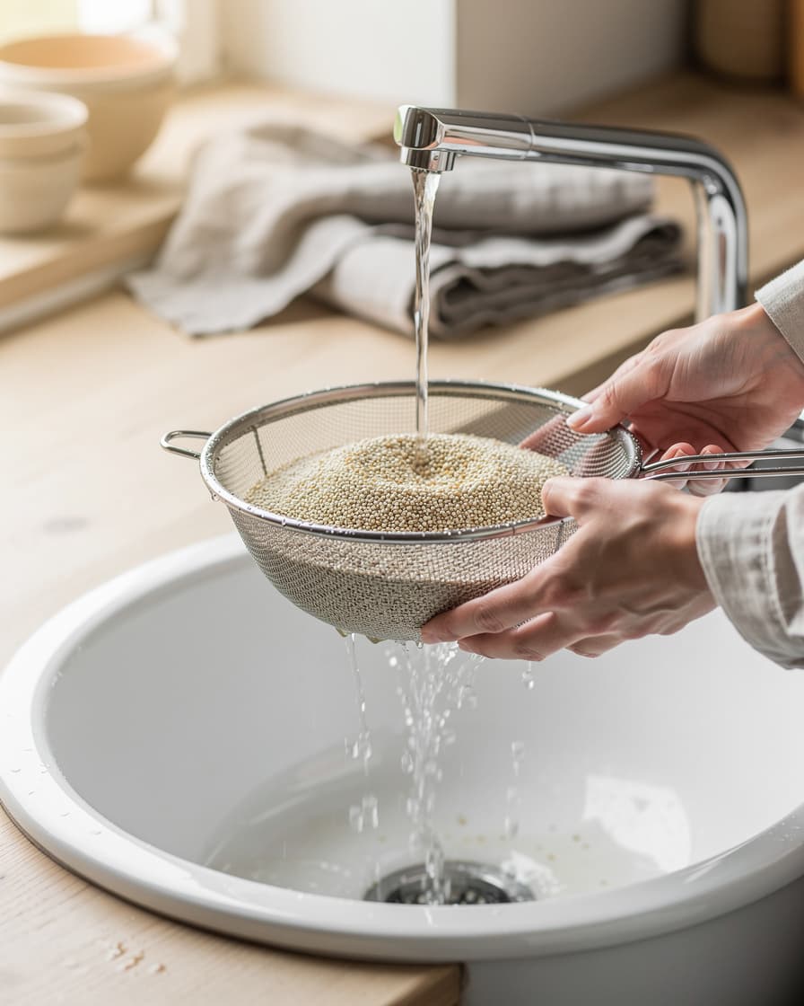 Steg 1: Skölj quinoan noga i en sil under kallt vatten.