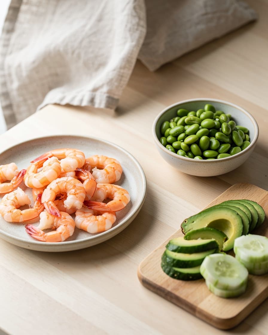 Steg 2: Tina räkorna om de är frysta och koka edamamebönorna 3 minuter. Skiva avokado och gurka.