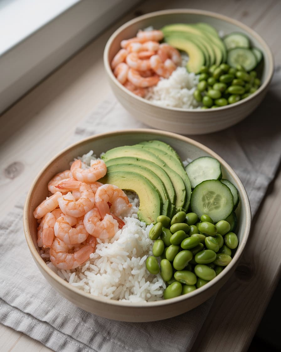 Steg 3: Fördela riset i två skålar och bygg räkor, avokado, edamame och gurka i sektioner ovanpå.