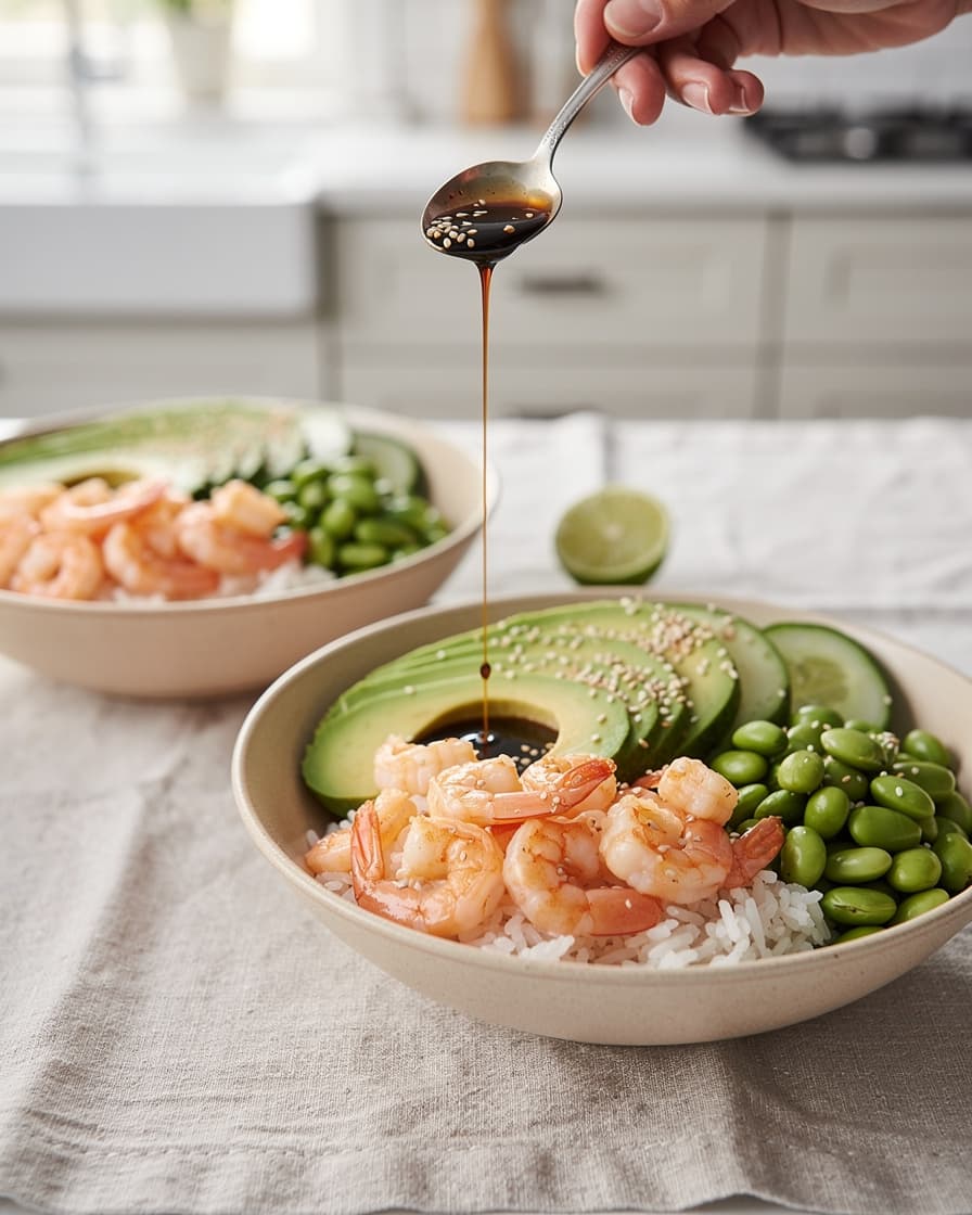 Steg 4: Blanda sojasås, sesamolja och pressad lime. Ringla dressingen över skålarna och toppa med sesamfrön.