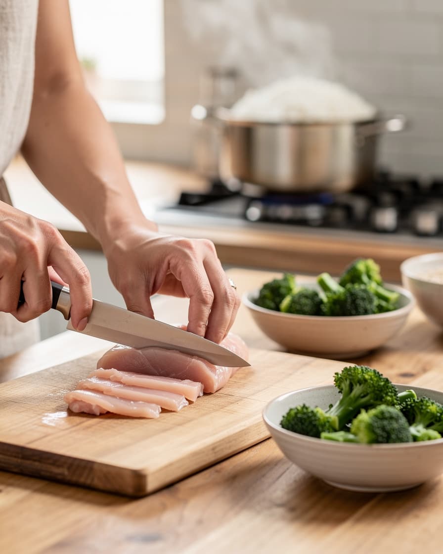 Steg 1: Koka riset enligt anvisning på paketet. Skär kycklingen i strimlor och dela broccolin i små buketter.