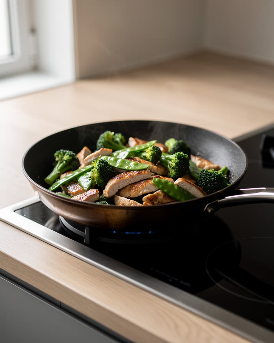 Steg 3: Tillsätt broccolibuketter och sockerärtor och woka 3–4 minuter så de förblir knapriga.
