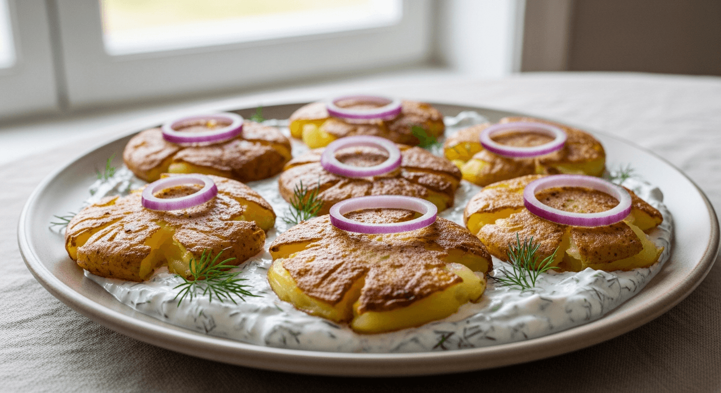 Foto: Smashad potatis med örtyoghurt och rödlök