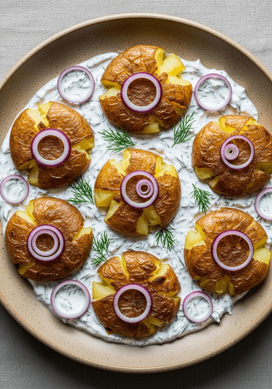 Foto: Smashad potatis med örtyoghurt och rödlök
