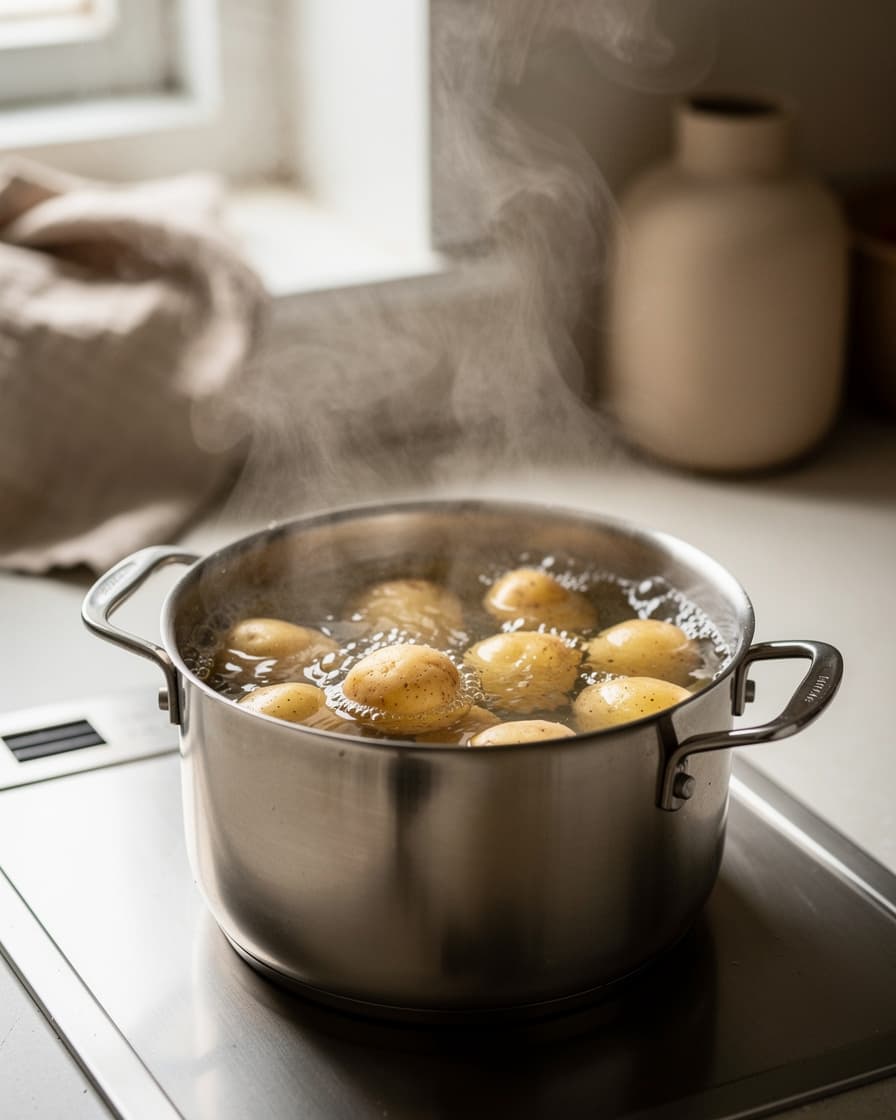 Steg 1: Sätt ugnen på 220°C. Koka färskpotatisen mjuk i lättsaltat vatten, cirka 15 minuter.