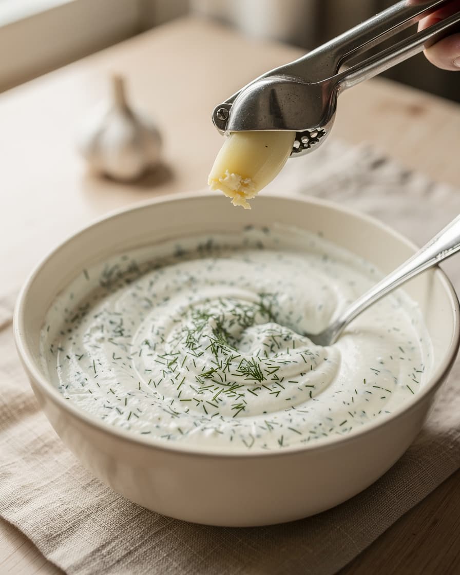 Steg 4: Rör under tiden ihop yoghurt, hackad dill och pressad vitlök till en örtyoghurt.