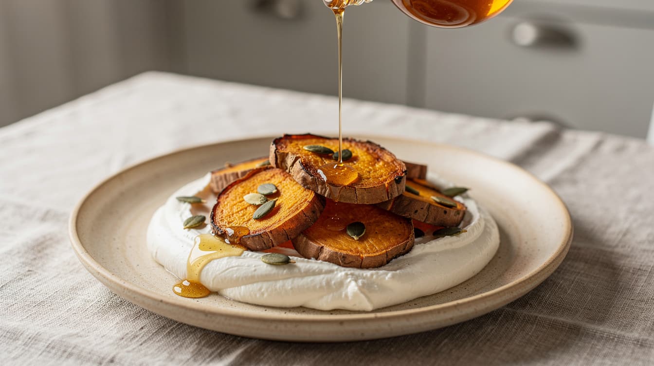 Foto: Smashad sötpotatis med vispad fetaost och honung