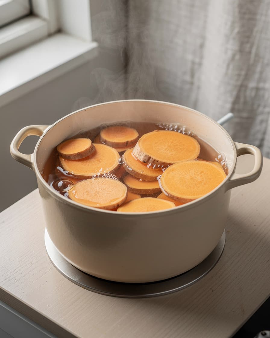 Steg 1: Sätt ugnen på 220°C. Skär sötpotatisen i tjocka skivor och koka mjuka i lättsaltat vatten, cirka 12 minuter.