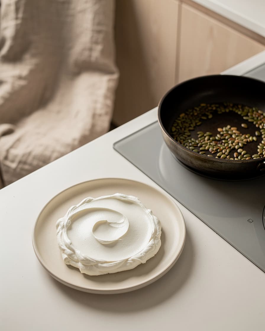 Steg 4: Mixa fetaost och grekisk yoghurt slätt och luftigt, cirka 1 minut. Bred ut den vispade fetan på ett fat. Rosta pumpafröna i en torr stekpanna ett par minuter tills de tar färg.