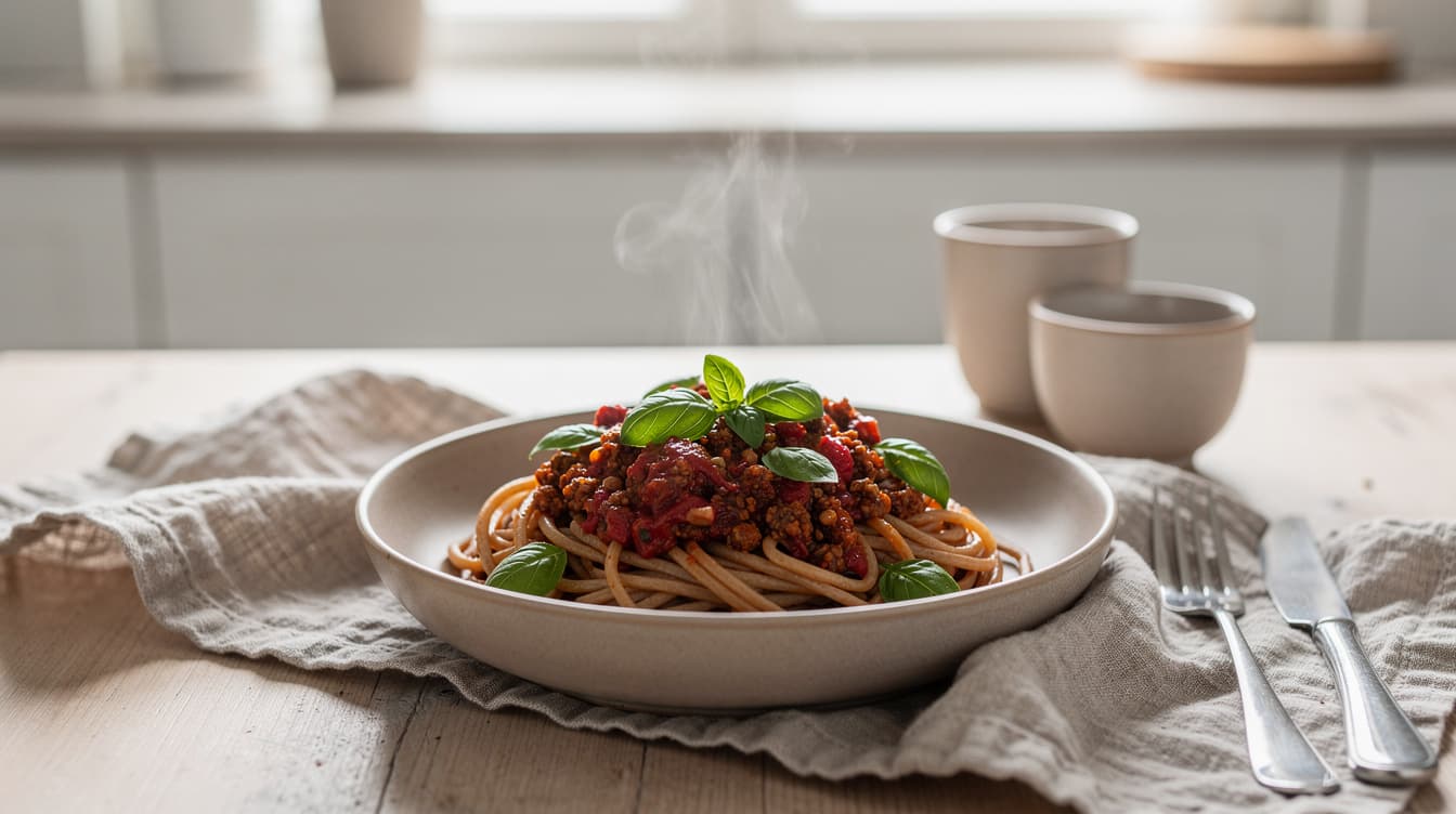 Foto: Sojafärsbolognese med fullkornspasta