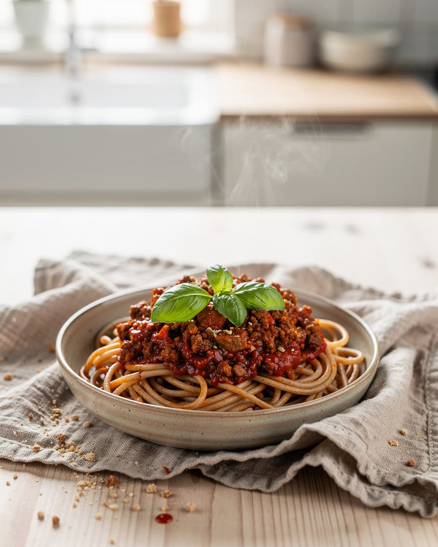 Foto: Sojafärsbolognese med fullkornspasta