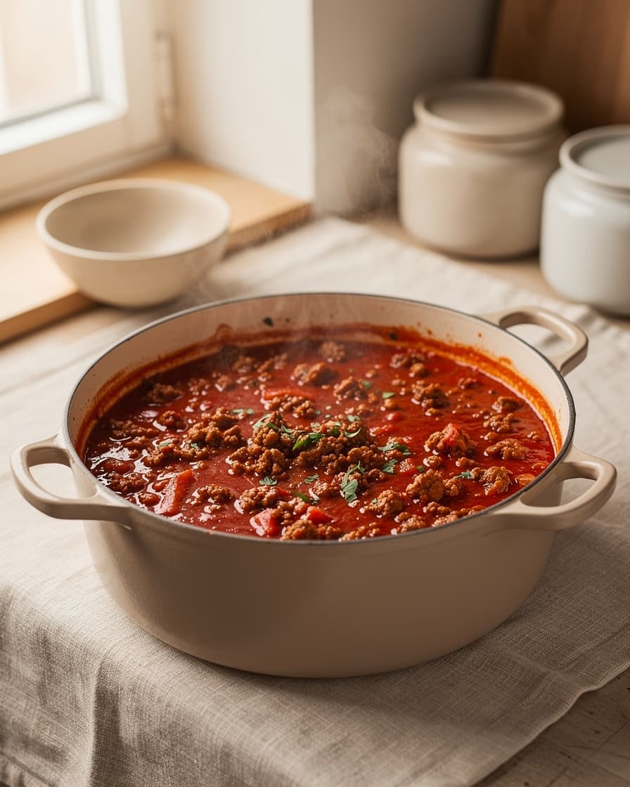 Steg 3: Rör ner tomatpuré och fräs en minut. Häll i krossade tomater och oregano, sänk värmen och låt såsen puttra under lock 20 minuter.