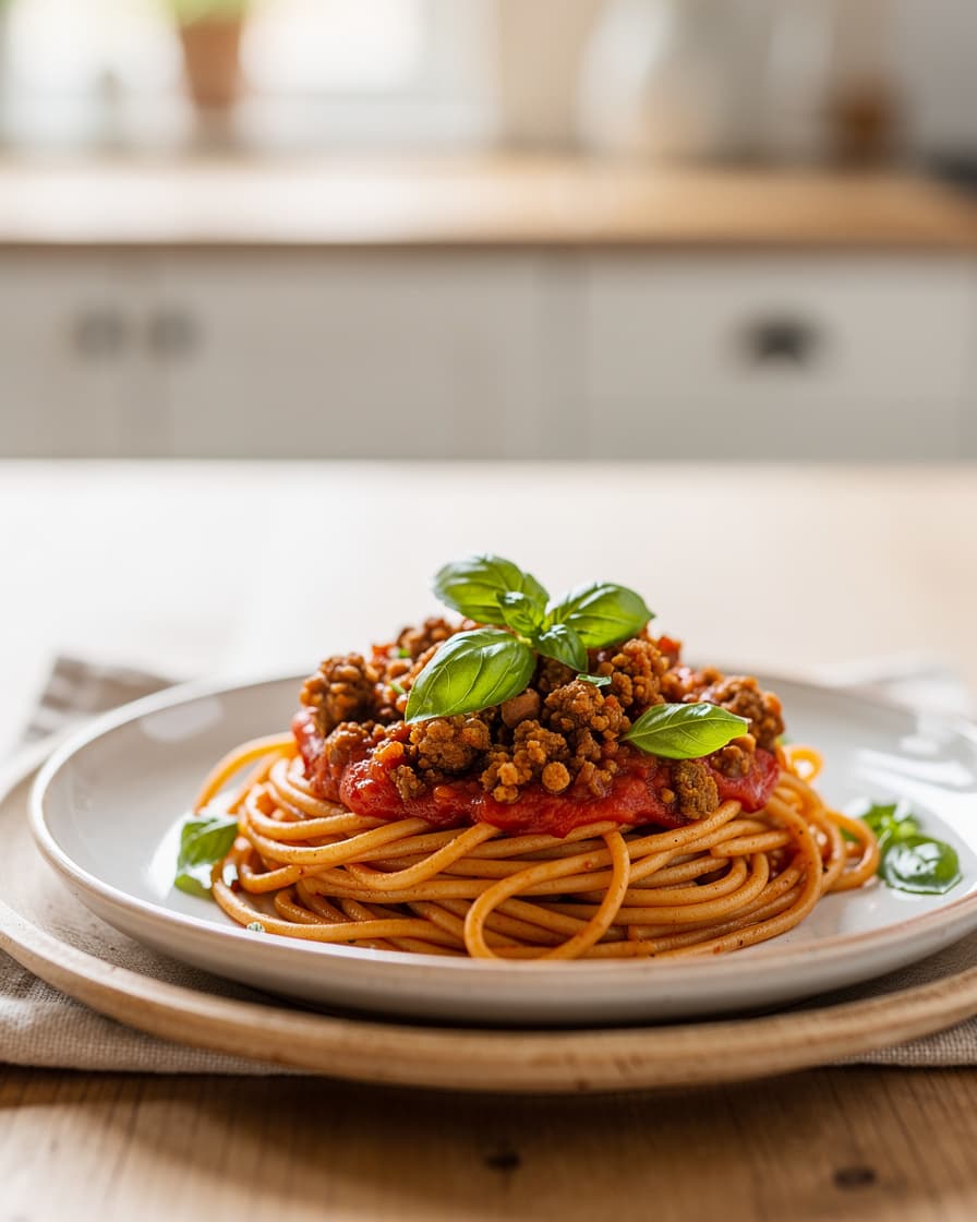 Steg 5: Fördela pastan i tallrikar, toppa med bolognesen och riven färsk basilika.