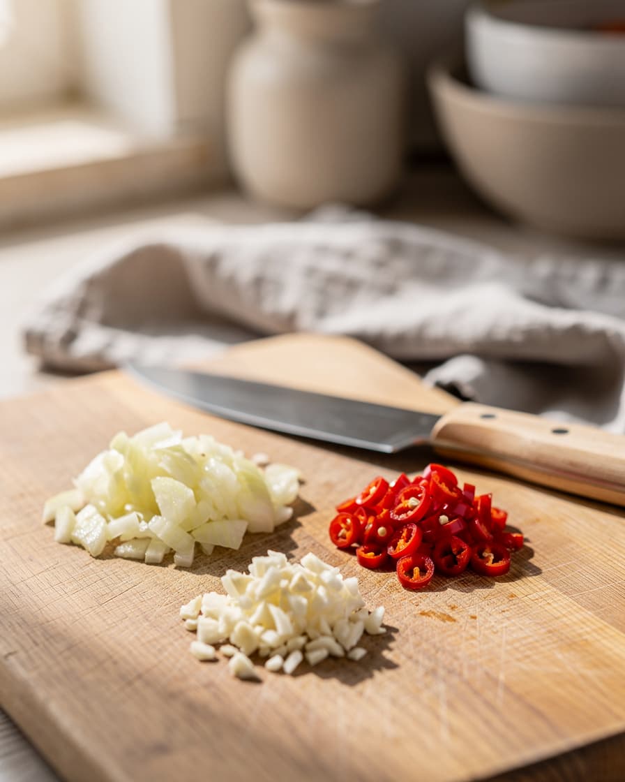 Steg 1: Hacka lök, vitlök och chili fint.