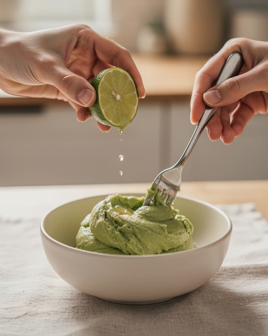 Steg 3: Mosa avokadon med en gaffel och rör ner pressad lime till en krämig sås.