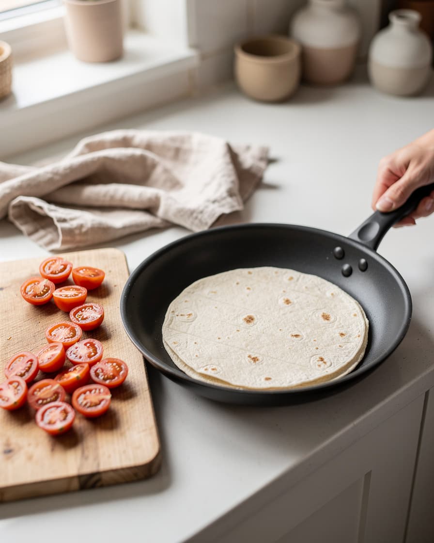 Steg 4: Värm tortillabröden lätt i en torr panna. Halvera körsbärstomaterna.